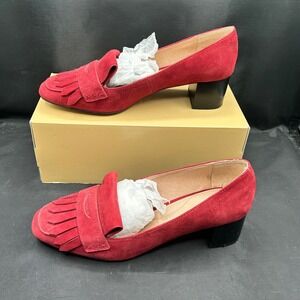 J Jill Womens Red Suede‎ Juliet Kiltie Block Heel Loafer Pumps Size 8M Shoes